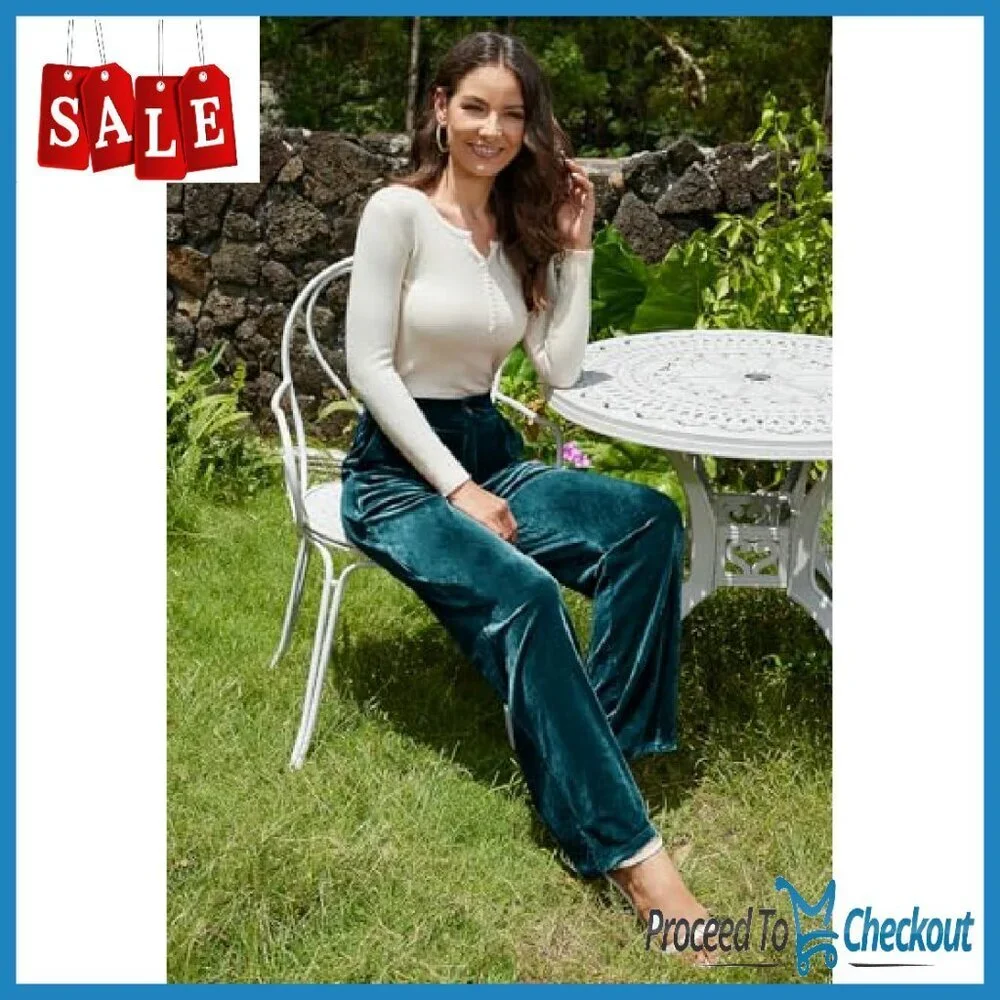 Stretchy Velvet Wide Leg Palazzo Pants High Waisted Dressy Casual - Picture 5 of 8